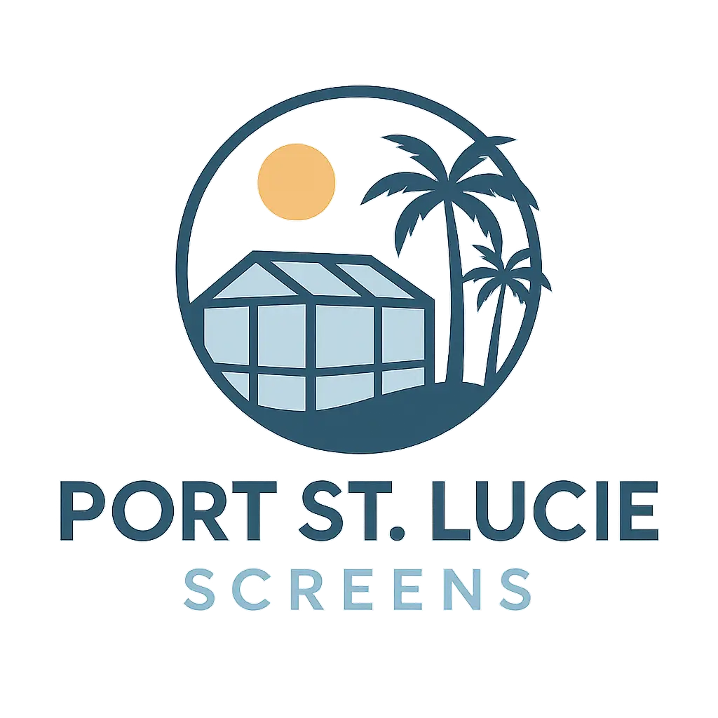 Port St. Lucie Screens logo featuring a screened enclosure with palm trees and sun in a circular design