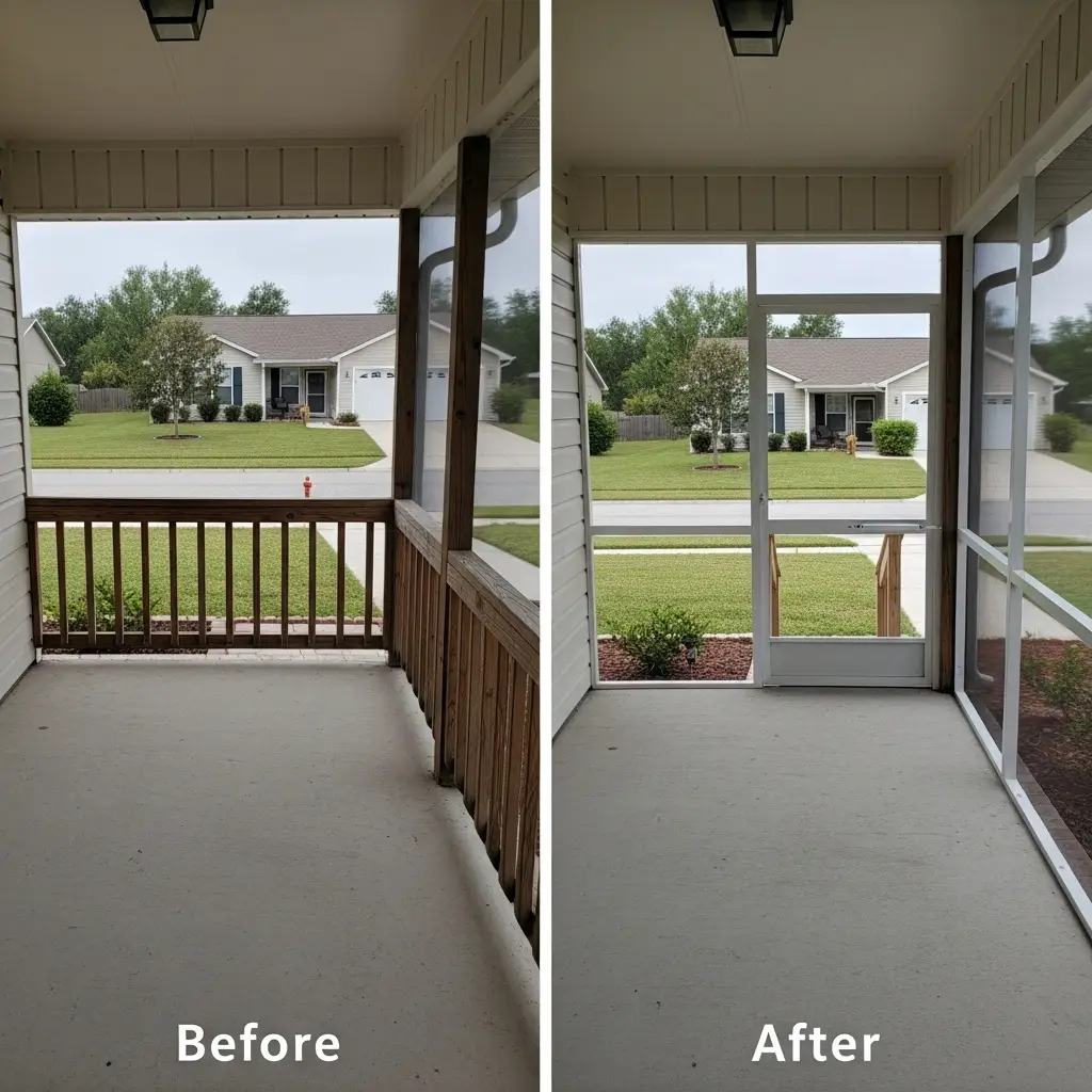 Before and after porch screen repair in Port St. Lucie, FL showing upgraded enclosure with added screened door
