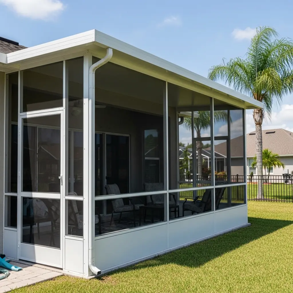 Custom lanai enclosure in Port St. Lucie, FL featuring aluminum frame with outdoor seating