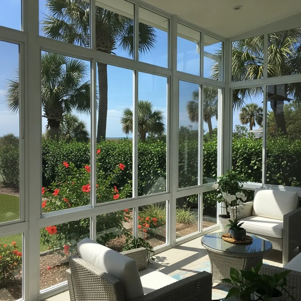 Lanai screen repair in Port St. Lucie, FL showing cozy enclosed seating area with palm trees outside.