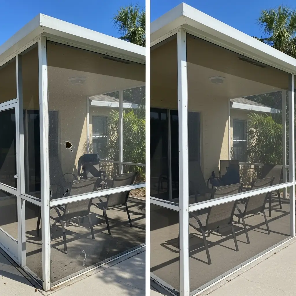 Before and after lanai screen repair in Port St. Lucie, FL showing restored aluminum lanai enclosure