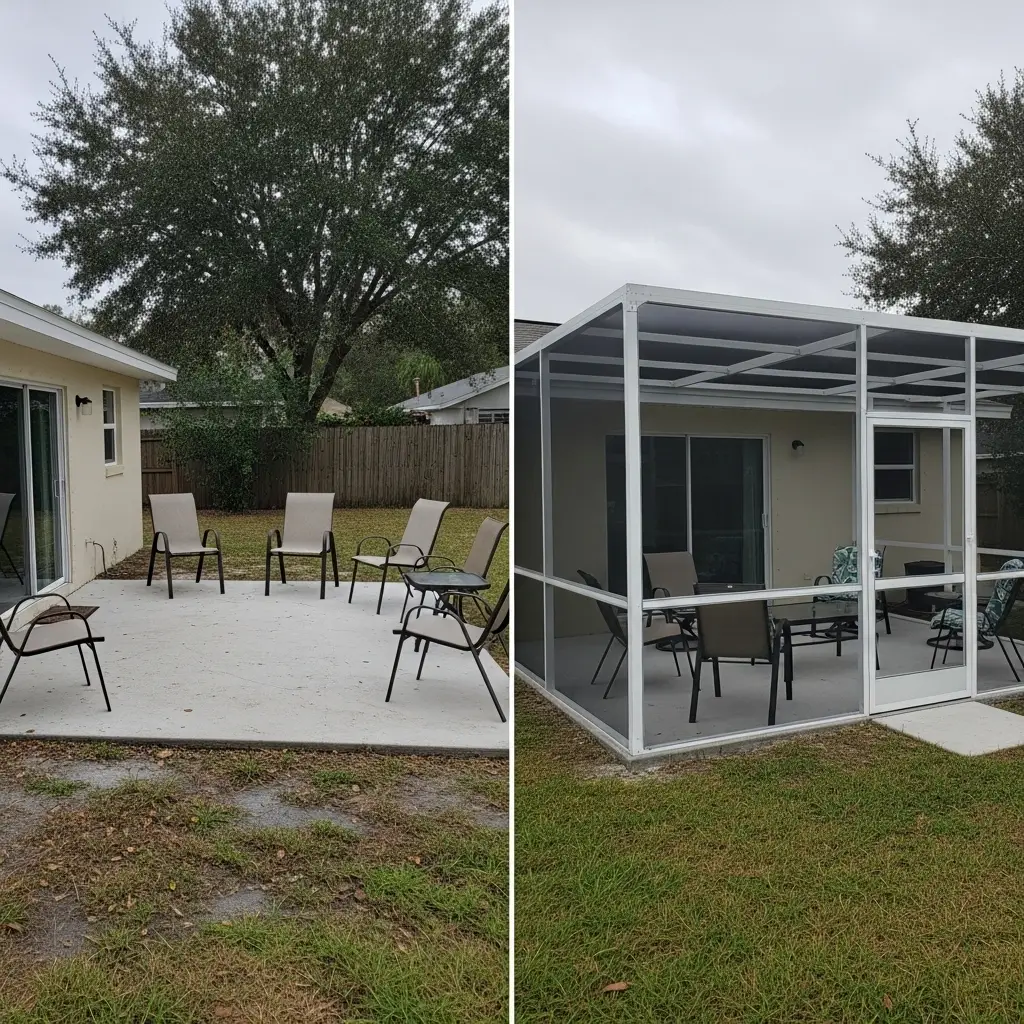 Before and after patio screen enclosure in Port St. Lucie, FL showing upgraded covered outdoor seating area