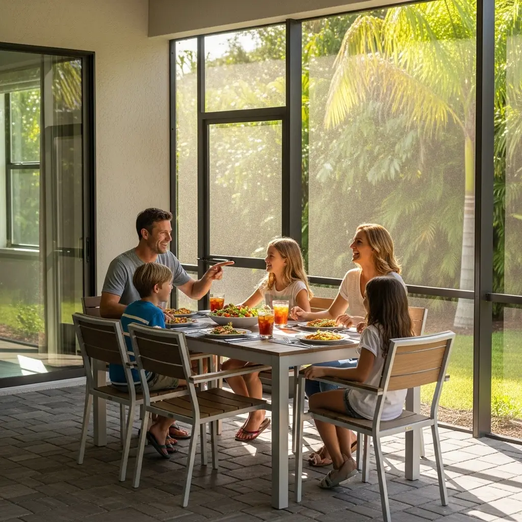 Family enjoying meal inside patio screen enclosure in Port St. Lucie, FL with sunlight and greenery