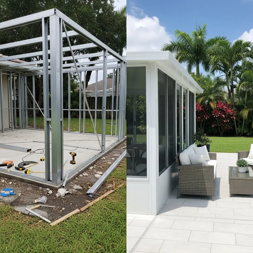 Before and after pool cage rescreening in Port St. Lucie, FL showing new white aluminum enclosure