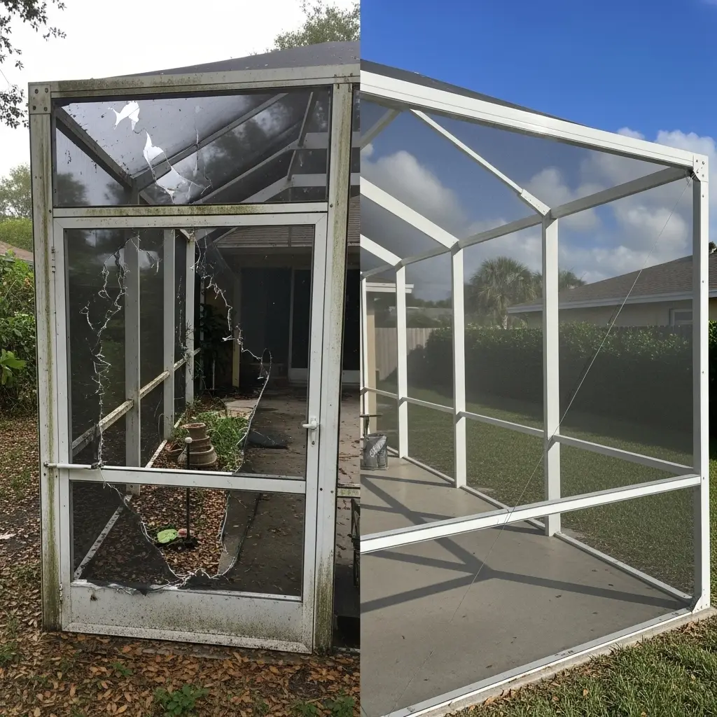 Before and after pool cage screen repair in Port St. Lucie, FL showing restored white aluminum structure