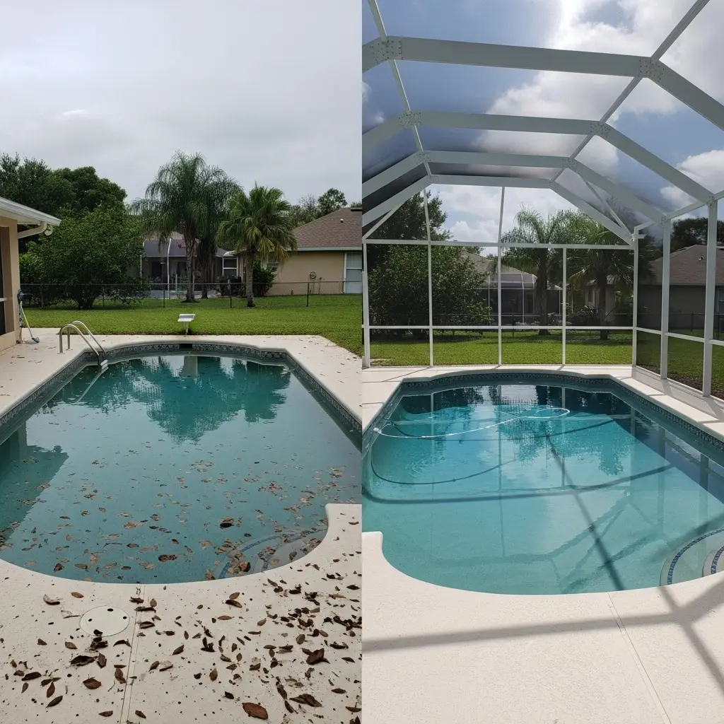 Before and after pool enclosure screen installation in Port St. Lucie, FL keeping debris out of pool area
