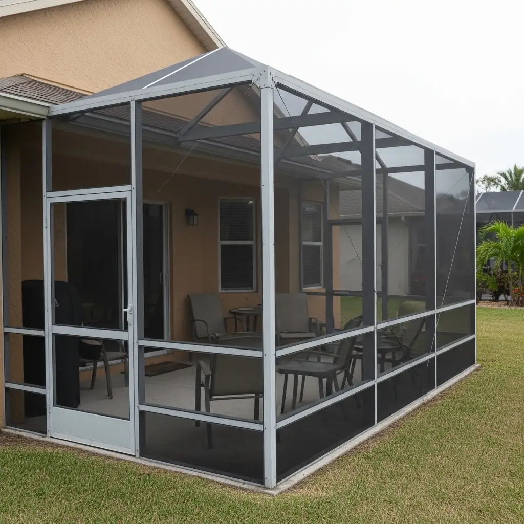 Small backyard screen enclosure in Port St. Lucie, FL with aluminum framing and patio seating
