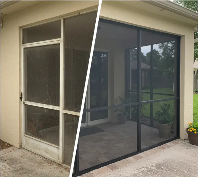 Before and after screen door repair in Port St. Lucie, FL showing new dark aluminum frame