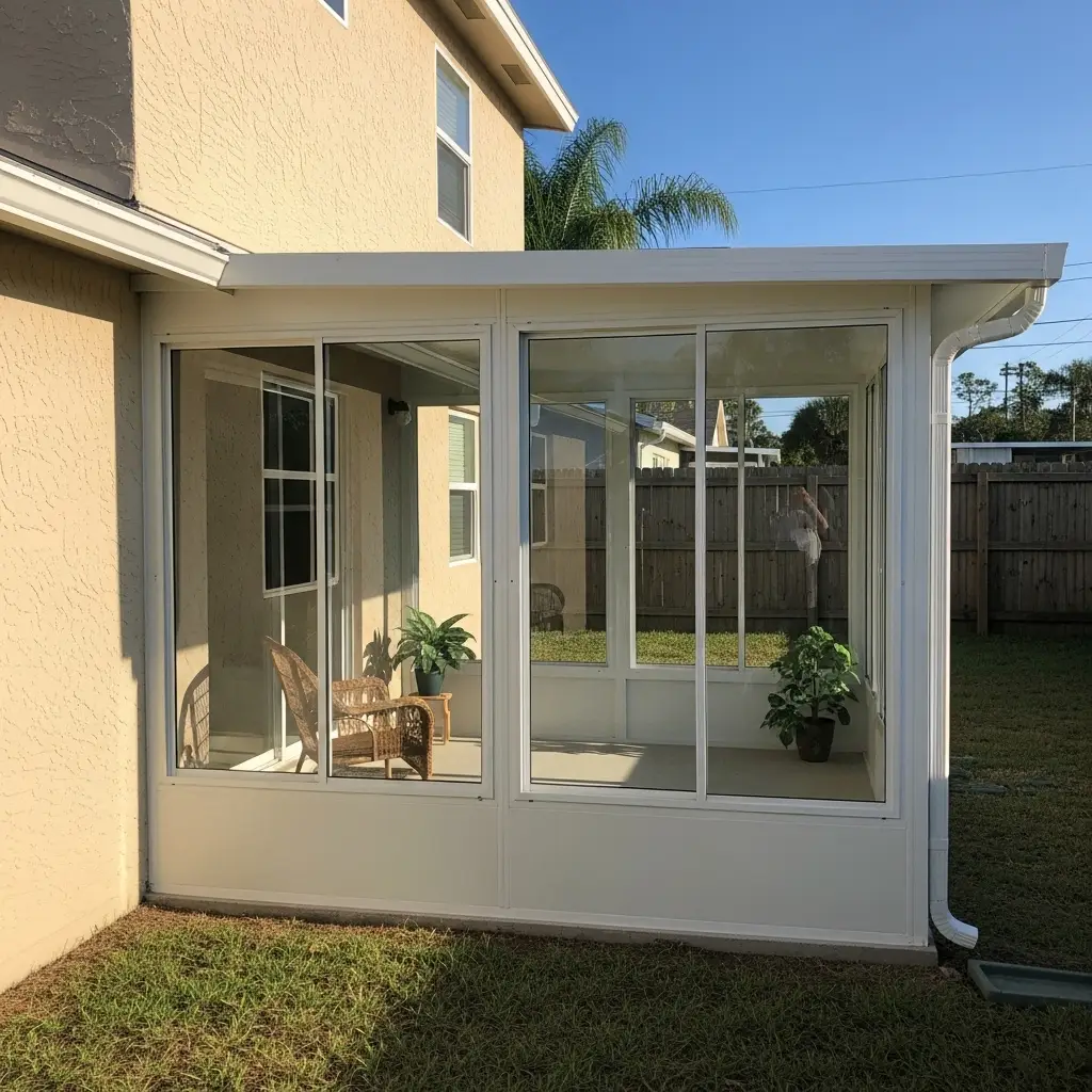 Newly installed screen enclosure in Port St. Lucie, FL with white aluminum framing and patio seating