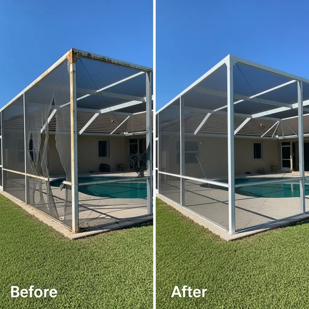 Before and after pool screen replacement in Port St. Lucie, FL showing restored aluminum enclosure