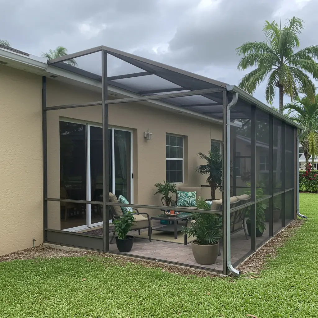 Screened patio replacement in Port St. Lucie, FL featuring aluminum frame and outdoor seating area