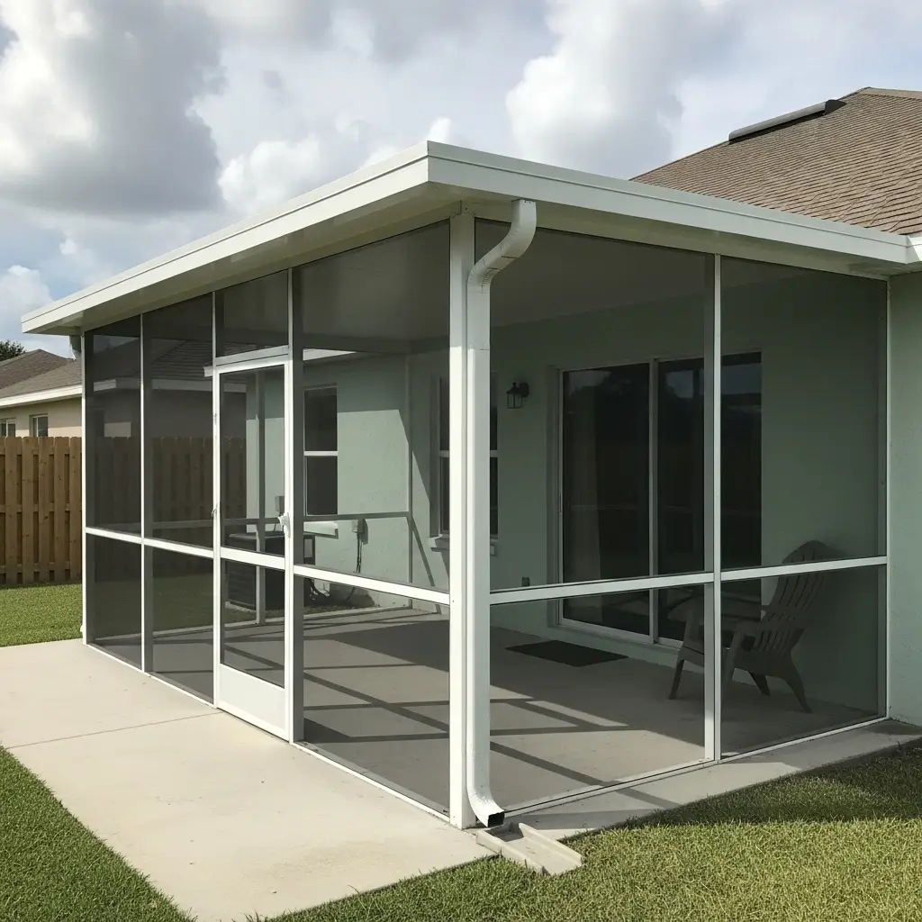 New screened porch construction in Port St. Lucie, FL featuring white aluminum framing