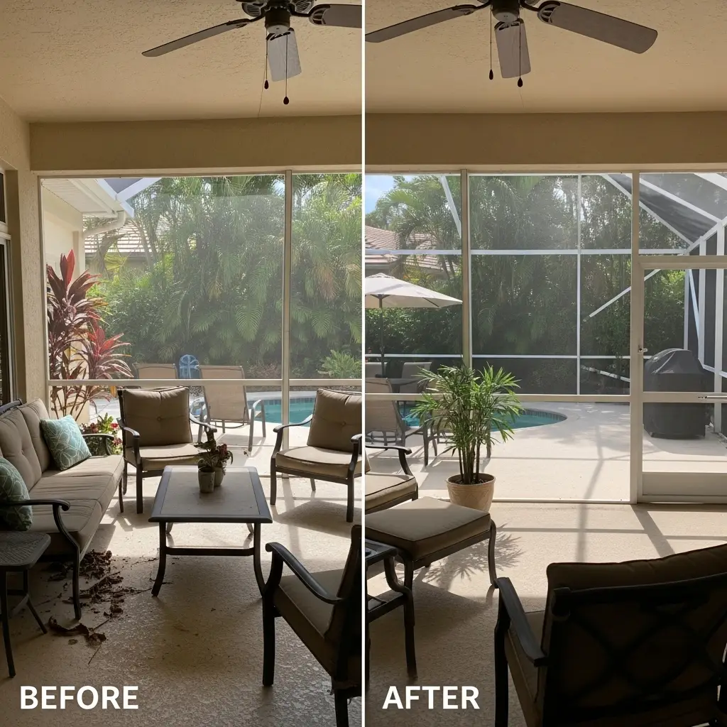 Before and after sunroom window screen repair in Port St. Lucie, FL showing clear patio view