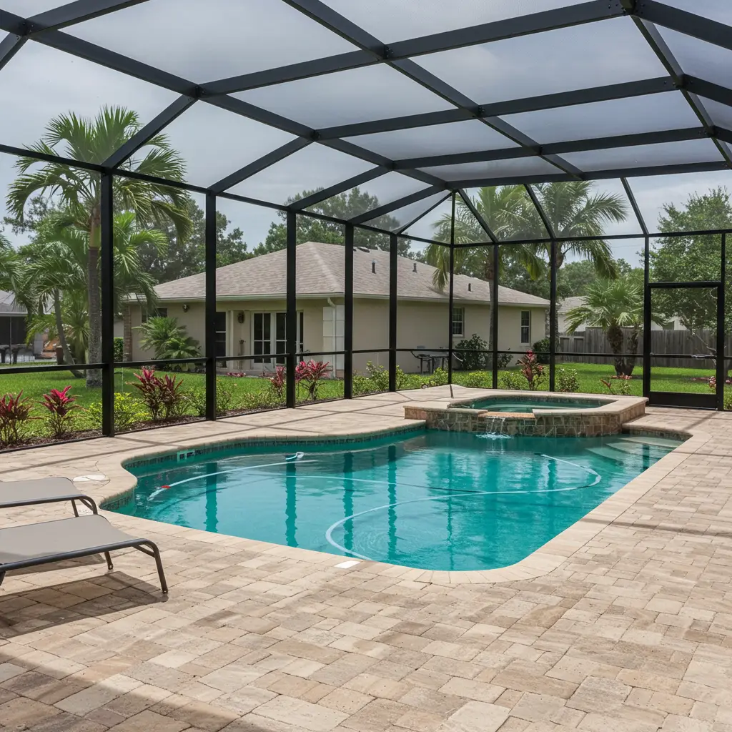 Two-story screened pool enclosure in Port St. Lucie, FL featuring a spa and paver deck